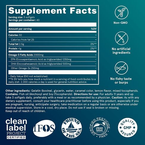 Puori Omega 3 Fish Oil Supplement - Ultra Pure & Burpless Wild Caught Fish Oil with 2000mg Omega 3 Fatty Acids,1250mg EPA & 500mg DHA Supports Heart, Brain & Eye Health - IFOS Certified - 240 Softgels in Saudi Arabia