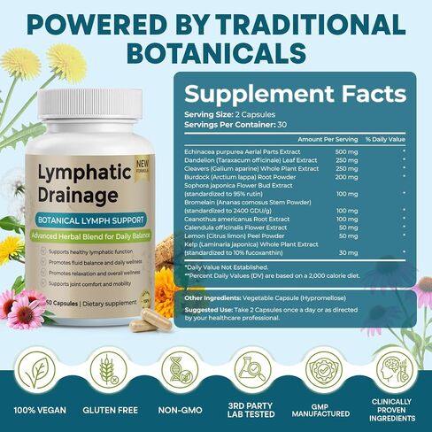 Lymphatic Drainage Supplements – Lymph System Support with Cleavers, Bromelain, Red Root, Dandelion & Echinacea for Fluid Balance, Puffy Mornings & Daily Lymphatic Wellness, 60 Capsules in Kuwait
