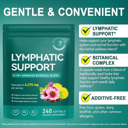 Lymphatic Drainage Supplement – 4,275 mg 21-in-1 Botanical Complex, Echinacea, Burdock Root, Red Clover, Elderberry & Dandelion, Supports Natural Detox & Healthy Circulation, 240 Softgels in Kuwait