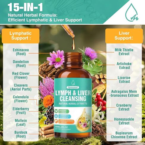 Lymphatic Drainage Drops, 23 In 1 Liver Cleanse Detox & Repair Liquid Lymphatic Drainage Supplements with Echinacea, Artichoke, Burdock Root, Elderberry, Natural Lymph Support for Lungs Health 2 Fl Oz in Saudi Arabia
