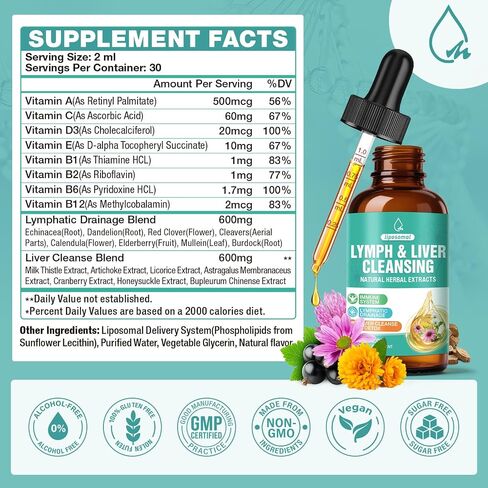 Lymphatic Drainage Drops, 23 In 1 Liver Cleanse Detox & Repair Liquid Lymphatic Drainage Supplements with Echinacea, Artichoke, Burdock Root, Elderberry, Natural Lymph Support for Lungs Health 2 Fl Oz in Saudi Arabia