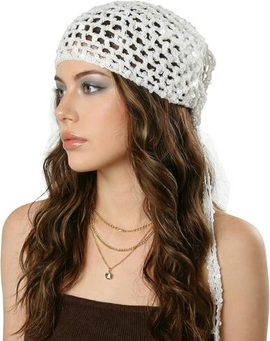 Ababalaya Crochet Cotton Head Scarf Boho Hollow Out Triangle Scarf with Shiny Sequin Y2K Hair Scarf in Saudi Arabia