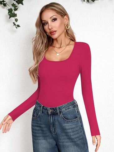 Laughido Women's Square Neck Long Sleeve Ribbed Knit Fitted Bodysuit Casual Basic T Shirt Tops 2025 Trendy in Saudi Arabia