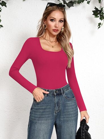Laughido Women's Square Neck Long Sleeve Ribbed Knit Fitted Bodysuit Casual Basic T Shirt Tops 2025 Trendy in Saudi Arabia