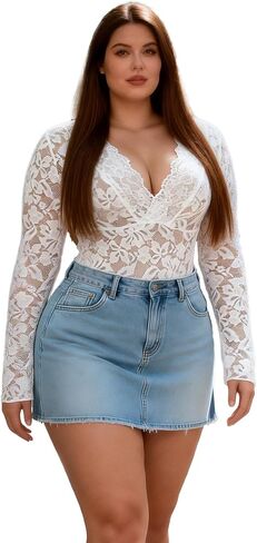 Women’s Lace Bodysuit, Deep V Neck Long Sleeve Sheer Mesh Top, Slim Fit Plus Size Sexy Outfits for Going Out in Kuwait