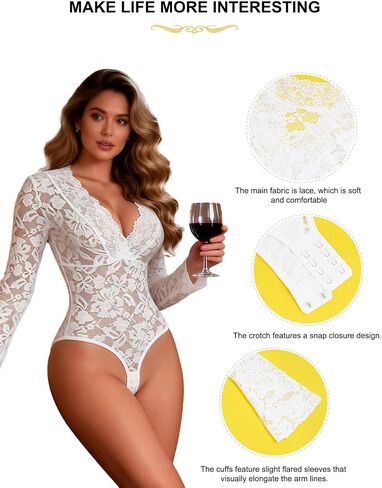 Women’s Lace Bodysuit, Deep V Neck Long Sleeve Sheer Mesh Top, Slim Fit Plus Size Sexy Outfits for Going Out in Kuwait