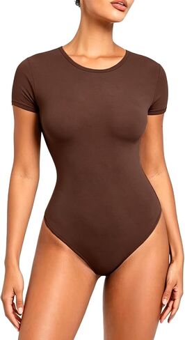 Women's Bodysuit Top Short Sleeve Slim Fitted Crew Neck Bodysuit 4-Way Stretch Going Out Body Suit Tops in Kuwait