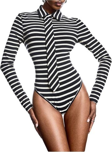 Milumia Women's Striped Long Sleeve Bodysuit Top Tie Collared Neck Leotard Tee Shirts in Kuwait