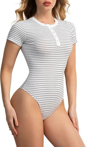 Short Sleeve Bodysuit Tops Stripe V Neck Button Up Casual Sping Summer Basic T Shirt Going Out Tees Body Suits in Saudi Arabia
