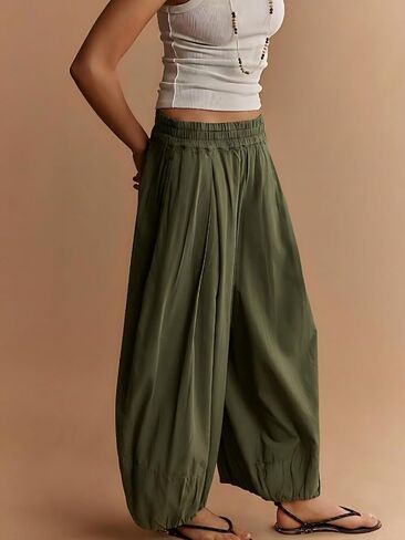 Women Wide Leg Baggy Pants Cotton Barrel Pants Low Waist Balloon Flowy Summer Pants for Women with Pockets in Kuwait