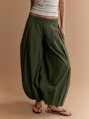 Women Wide Leg Baggy Pants Cotton Barrel Pants Low Waist Balloon Flowy Summer Pants for Women with Pockets in Kuwait