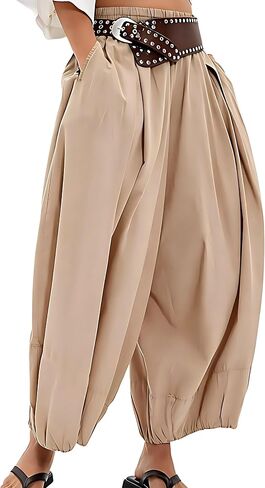 Women Wide Leg Baggy Pants Cotton Barrel Pants Low Waist Balloon Flowy Summer Pants for Women with Pockets in Saudi Arabia