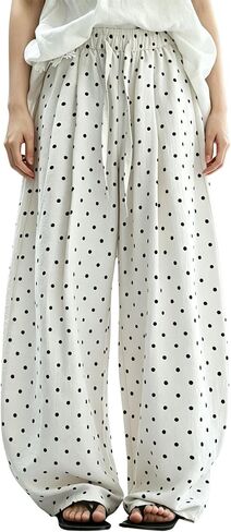 Women Polka Dot Pants Linen Blend Wide Leg High Waist Drawstring Casual Loose Vacation Lounge Palazzo Trousers in Saudi Arabia