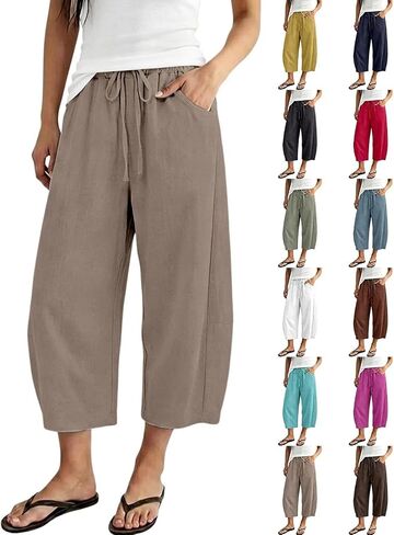 Linen Capri Pants For Women Cropped Barrel Drawstring Wide Leg Cotton Capris 2026 Casual Summer Boho Baggy Trouser in Kuwait
