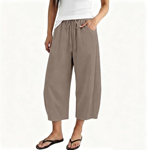 Linen Capri Pants For Women Cropped Barrel Drawstring Wide Leg Cotton Capris 2026 Casual Summer Boho Baggy Trouser in Kuwait