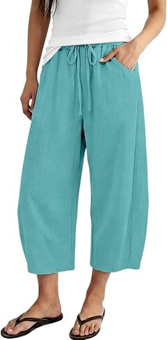 Linen Capri Pants For Women Cropped Barrel Drawstring Wide Leg Cotton Capris 2026 Casual Summer Boho Baggy Trouser in Kuwait