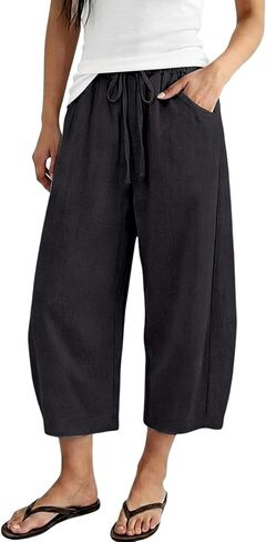 Linen Capri Pants For Women Cropped Barrel Drawstring Wide Leg Cotton Capris 2026 Casual Summer Boho Baggy Trouser in Kuwait