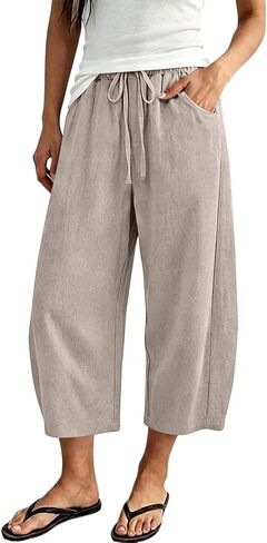 Linen Capri Pants For Women Cropped Barrel Drawstring Wide Leg Cotton Capris 2026 Casual Summer Boho Baggy Trouser in Kuwait