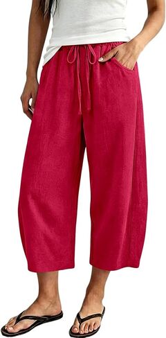 Linen Capri Pants For Women Cropped Barrel Drawstring Wide Leg Cotton Capris 2026 Casual Summer Boho Baggy Trouser in Kuwait