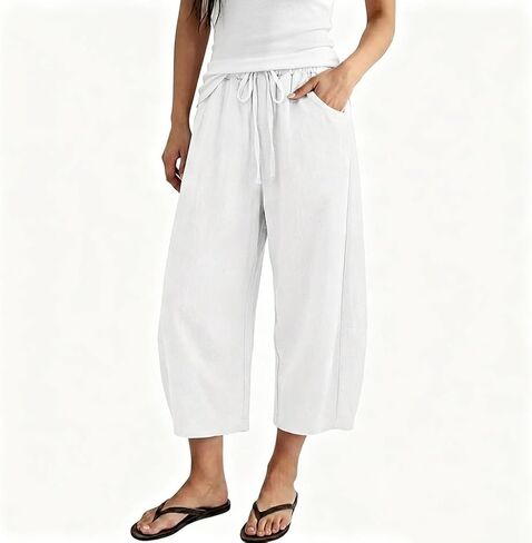 Linen Capri Pants For Women Cropped Barrel Drawstring Wide Leg Cotton Capris 2026 Casual Summer Boho Baggy Trouser in Kuwait