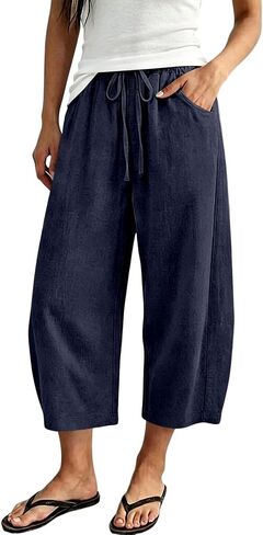 Linen Capri Pants For Women Cropped Barrel Drawstring Wide Leg Cotton Capris 2026 Casual Summer Boho Baggy Trouser in Kuwait
