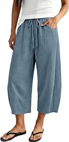 Linen Capri Pants For Women Cropped Barrel Drawstring Wide Leg Cotton Capris 2026 Casual Summer Boho Baggy Trouser in Kuwait