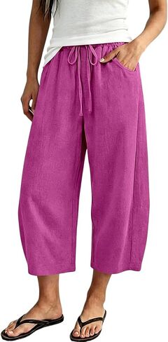 Linen Capri Pants For Women Cropped Barrel Drawstring Wide Leg Cotton Capris 2026 Casual Summer Boho Baggy Trouser in Kuwait