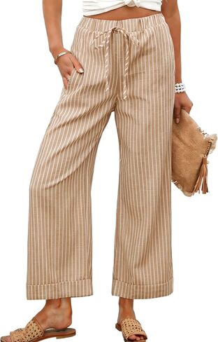 Tanming Womens Wide Leg Pants Elastic Waist Striped Palazzo Pants with Pockets Casual Lounge Trousers in Kuwait