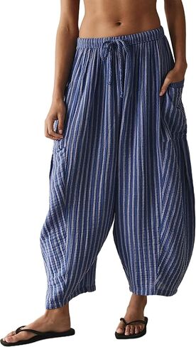 Women Summer Striped Harem Pants Casual Baggy Wide Leg Tapered Trousers Drawstring Waist Palazzo Pants with Pockets in Saudi Arabia