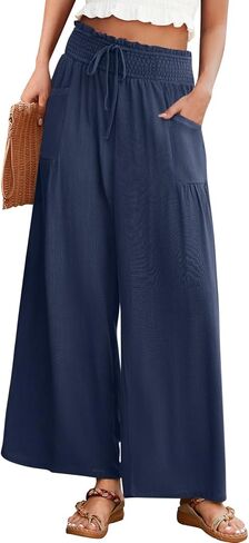 Wide Leg Linen Pants for Women High Waist Casual Flowy Boho Beach Palazzo Trousers with Pockets in Saudi Arabia