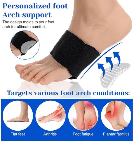 2 Pcs Plantar Fasciitis Relief, Adjustable Arch Support Neoprene Flat Foot Corrector Fallen Arch Supports Pads for Plantar Fasciitis, Gel Pads Bands Wear Over or Under Socks, Black 1 Pair in Kuwait