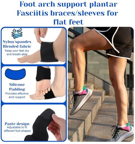2 Pcs Plantar Fasciitis Relief, Adjustable Arch Support Neoprene Flat Foot Corrector Fallen Arch Supports Pads for Plantar Fasciitis, Gel Pads Bands Wear Over or Under Socks, Black 1 Pair in Kuwait