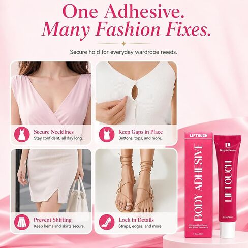 Body Adhesive Glue for Clothes 30ml, Sweat Proof, Water Wash Off Skin Adhesive, Fabric-Safe Liquid Fashion Glue for Low-cut Styles,Strapless Dresses and Work Blouses - Clothing Glue That Holds All Day in Kuwait