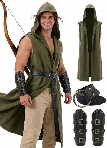 Men's Renaissance Costume set - Medieval Hooded Surcoat with Leather Belt & Bracers, Ren Faire Viking Cosplay Outfit in Saudi Arabia