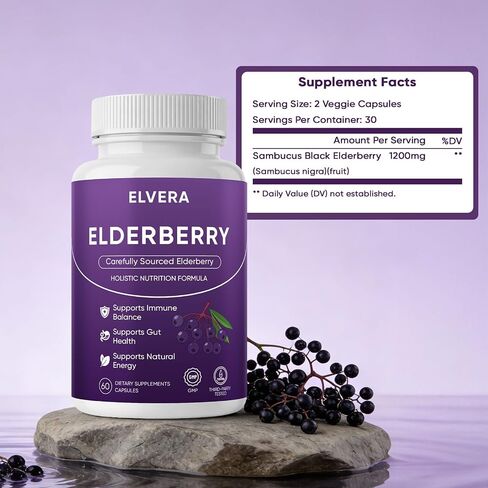 Elvera Elderberry, Elvera Gut Support Complex with Zinc & Vitamin C, Organic Black Elderberry Soft Capsules for Immune Support, Boost Energy, Digestive and Gut Healthy, 60 Capsules (1) in Saudi Arabia