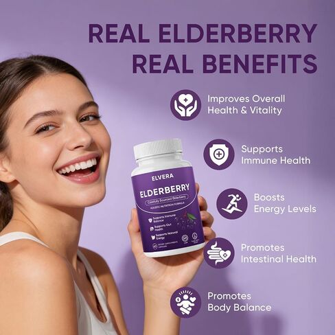 Elvera Elderberry, Elvera Gut Support Complex with Zinc & Vitamin C, Organic Black Elderberry Soft Capsules for Immune Support, Boost Energy, Digestive and Gut Healthy, 60 Capsules (1) in Saudi Arabia