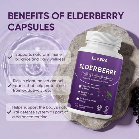Elvera Elderberry, Elvera Gut Support Complex with Zinc & Vitamin C, Organic Black Elderberry Soft Capsules for Immune Support, Boost Energy, Digestive and Gut Healthy, 60 Capsules (1) in Saudi Arabia