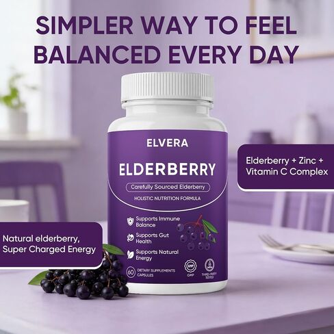 Elvera Elderberry, Elvera Gut Support Complex with Zinc & Vitamin C, Organic Black Elderberry Soft Capsules for Immune Support, Boost Energy, Digestive and Gut Healthy, 60 Capsules (1) in Saudi Arabia