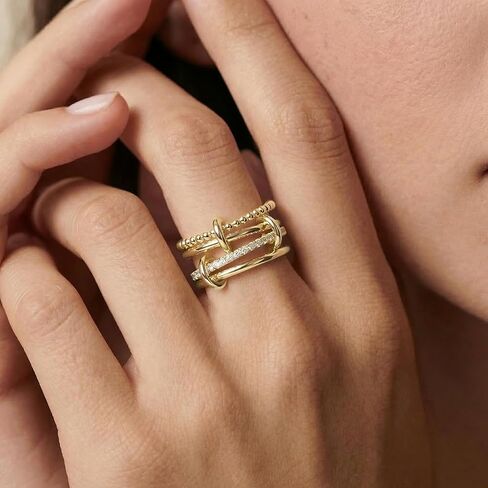 14K Gold Moissanite Spinelli Rings for Women - Interlocked Stackable Ring - Statement Multi Band Stacking Ring (0.6cttw, D Color, VVS1 Clarity, 3EX Cut) Non Tarnish Size 5-10 in Saudi Arabia