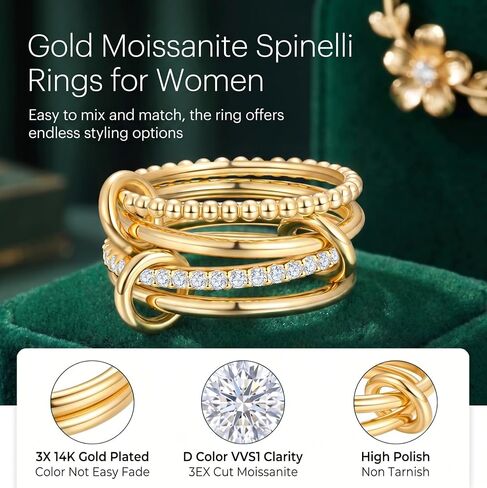14K Gold Moissanite Spinelli Rings for Women - Interlocked Stackable Ring - Statement Multi Band Stacking Ring (0.6cttw, D Color, VVS1 Clarity, 3EX Cut) Non Tarnish Size 5-10 in Saudi Arabia