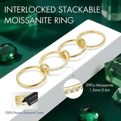 14K Gold Moissanite Spinelli Rings for Women - Interlocked Stackable Ring - Statement Multi Band Stacking Ring (0.6cttw, D Color, VVS1 Clarity, 3EX Cut) Non Tarnish Size 5-10 in Saudi Arabia