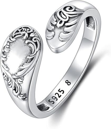 PROESS Sterling Silver Oxidized Spoon Ring Adjustable Open Ring Vintage-style Floral Spoon Ring for Women in Kuwait