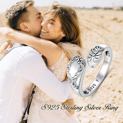 PROESS Sterling Silver Oxidized Spoon Ring Adjustable Open Ring Vintage-style Floral Spoon Ring for Women in Kuwait