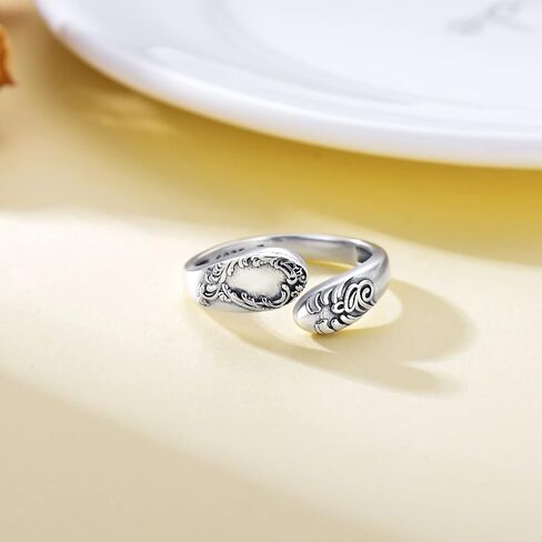 PROESS Sterling Silver Oxidized Spoon Ring Adjustable Open Ring Vintage-style Floral Spoon Ring for Women in Kuwait