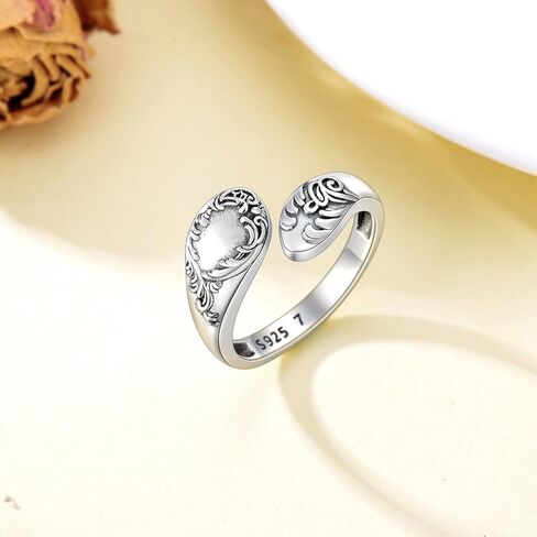 PROESS Sterling Silver Oxidized Spoon Ring Adjustable Open Ring Vintage-style Floral Spoon Ring for Women in Kuwait