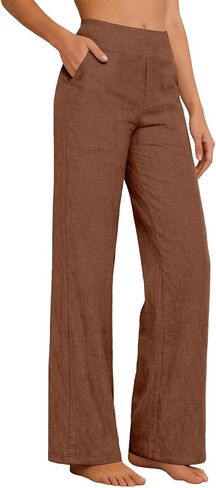 Womens Cotton Linen Pants Petite 2026 Summer Lightweight High Waist Straight Leg Solid Beach Casual Lounge Trousers in Kuwait