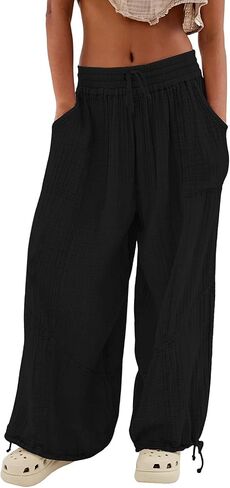 yoeasy Women's Baggy Drawstring Linen Wide Leg Pants Drawstring Casual Loose Flowy Palazzo Trousers with Pockets in Kuwait