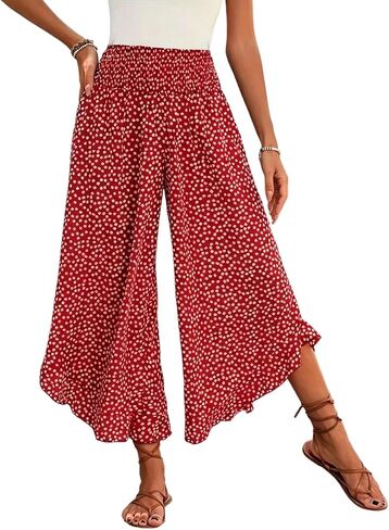 Wide Leg Capri Pants for Women Summer Casual Polka Dot Palazzo Pants Flowy Ruffle Hem Capris Boho Beach Outfits in Saudi Arabia