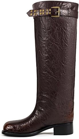 Women's Vintage Wide Calf Knee High Boots Square Toe Low Block Heel Pull On Riding Boots with Metallic Buckle, Brush-off Leather Comfort Boots in Saudi Arabia