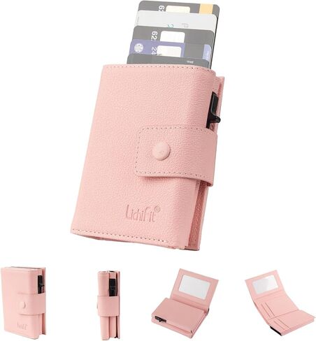 Card Holder Wallet with Pop-Up Card Case RFID/NFC Blocking Anti-Skimming Protection Trifold Minimalist Card Pack with Money Slot & ID Window & Multiple Card Slots (Pink) in Kuwait